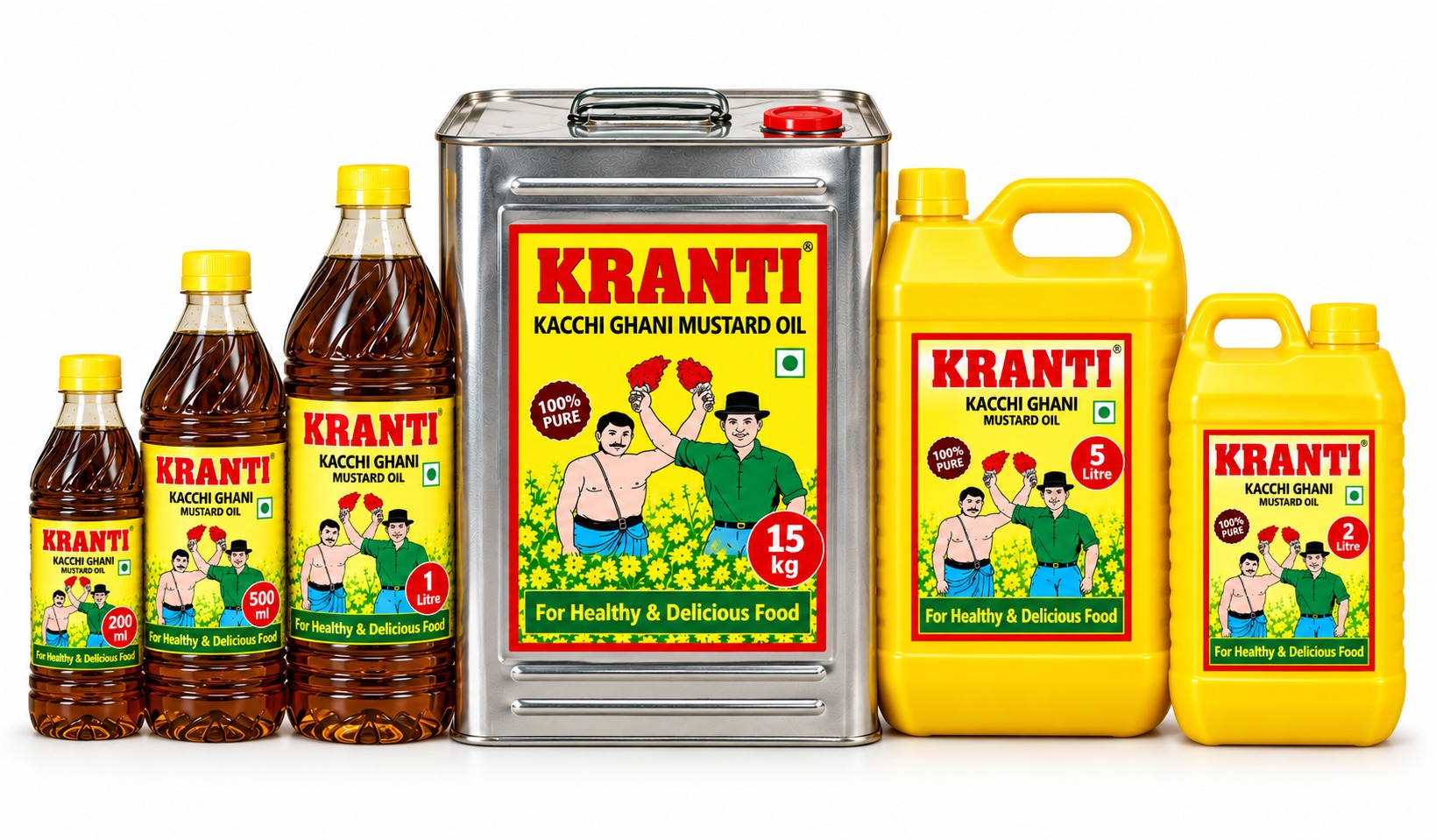 The complete Kranti Mustard Oil range, from 200 ml to 15 kg